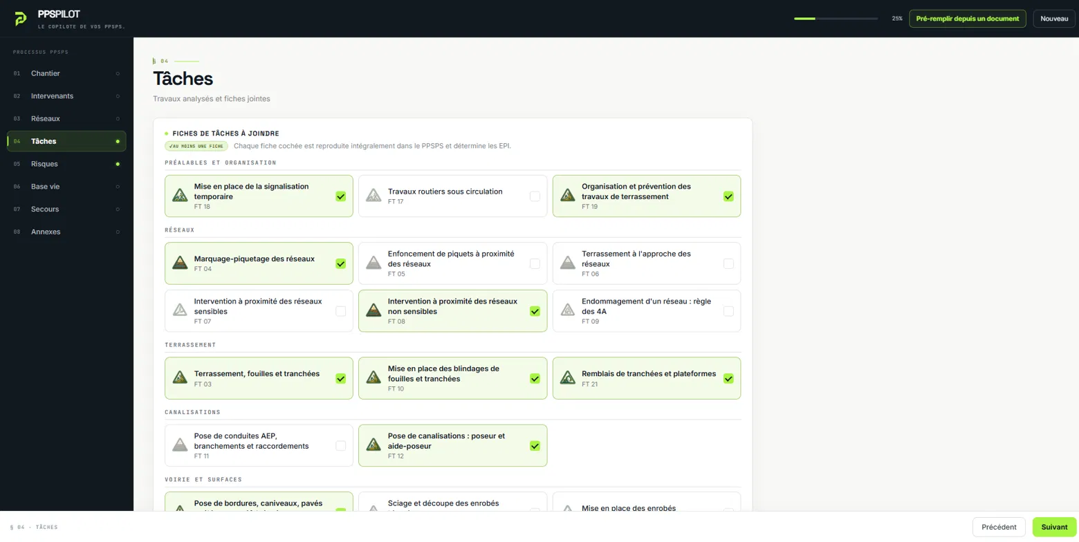 Interface réelle de sélection des tâches dans PPSPILOT